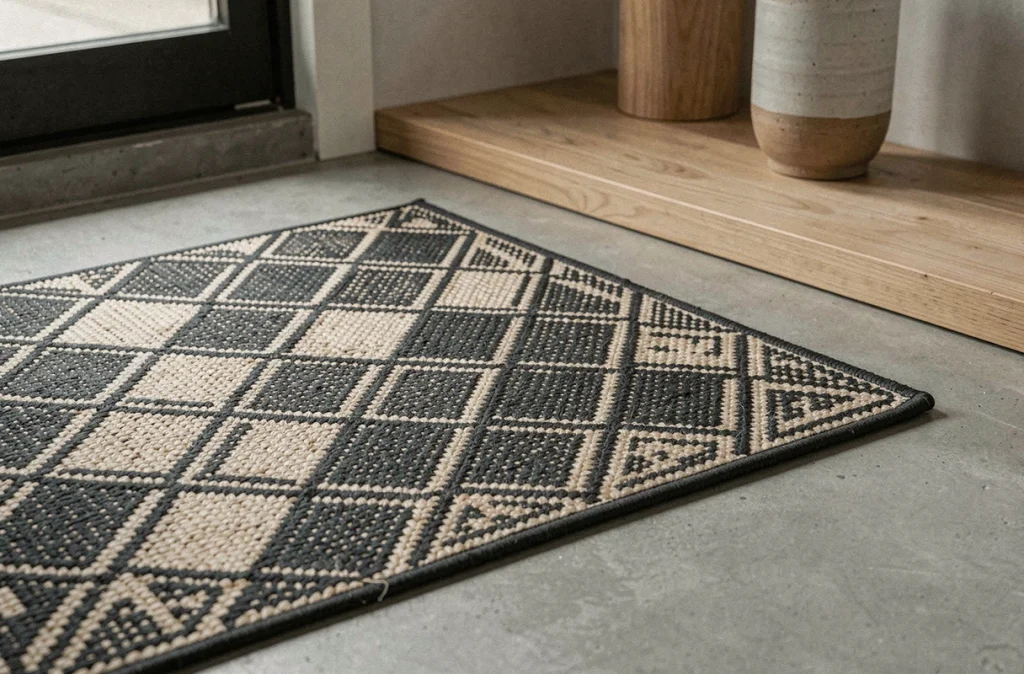 Gros plan sur un tapis japonisant à motif sashiko dans une petite entrée en béton, créant une illusion d'agrandissement visuel par ses lignes géométriques
