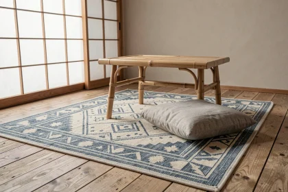 Tapis japonisant à motifs géométriques indigo dans un petit salon minimaliste avec table basse en bambou pour agrandir visuellement l'espace