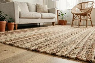 Tapis en jute naturel posé sur un parquet en chêne clair dans un salon minimaliste scandinave avec plantes en pot