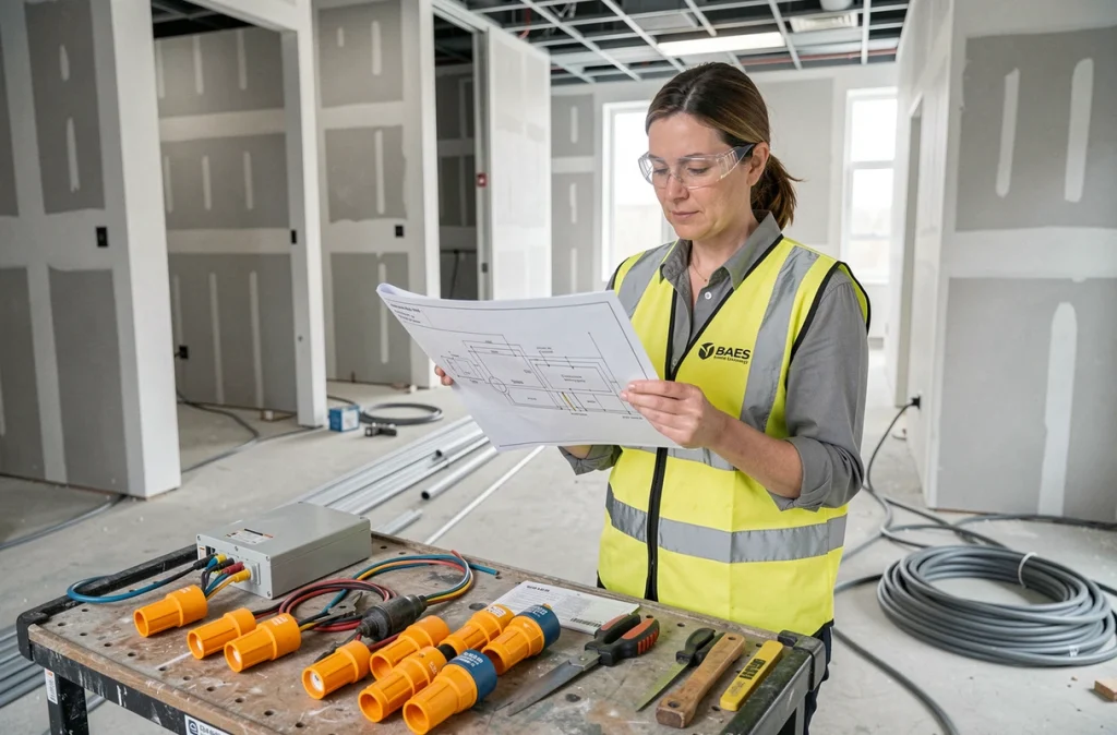 Technicienne en électricité préparant les connecteurs pré-câblés pour BAES avec schéma de câblage sur chantier