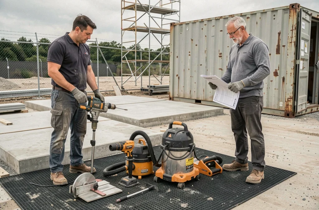 Deux ouvriers vérifiant un inventaire d'outils de location sur un chantier de construction professionnel