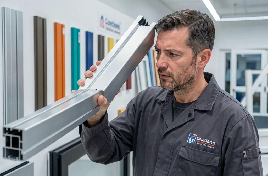 Spécialiste d'Abc Alu 13 examinant un profil de fenêtre en aluminium anodisé dans un showroom marseillais