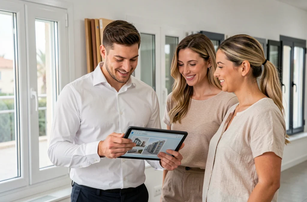Conseiller d'Alu Design présentant des options de fenêtres aluminium et PVC à des clients dans un showroom au sud de Marseille