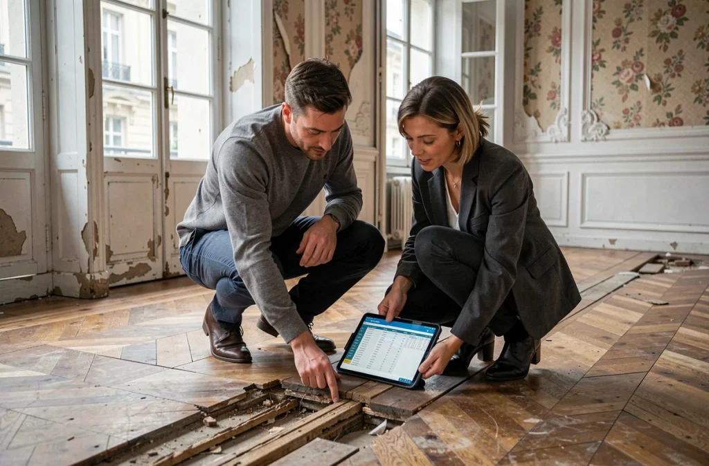 Architecte et chef de projet analysant les dégâts du parquet dans un appartement haussmannien à rénover