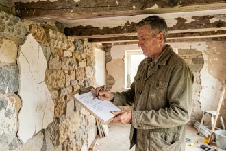 Artisan examinant les murs en pierre d'une maison ancienne lors d'une évaluation de devis rénovation