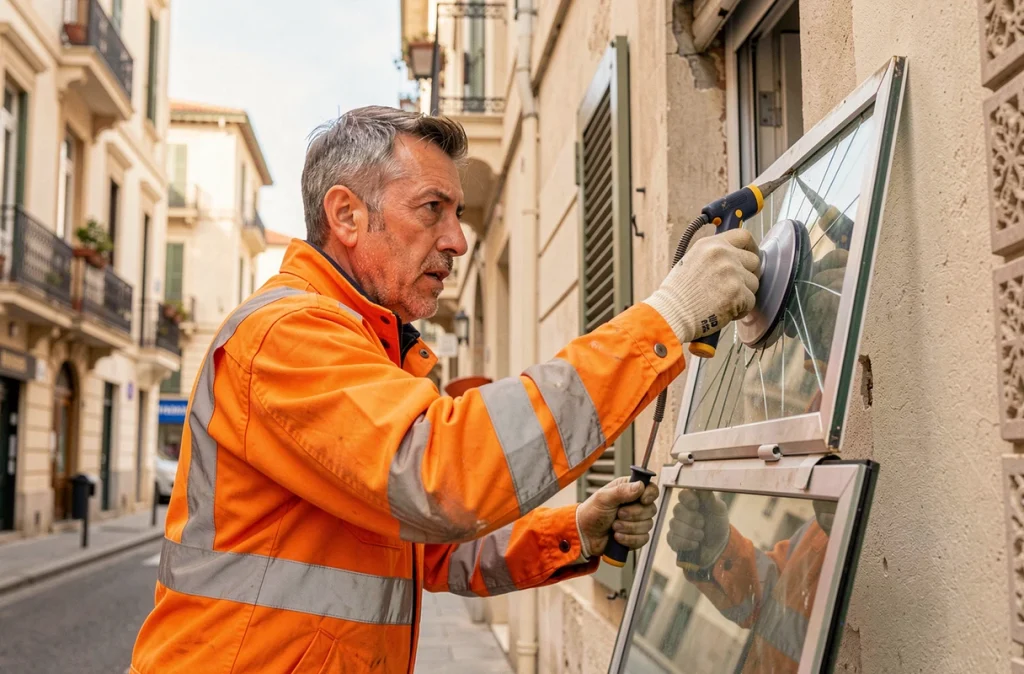 Technicien d'ASAP Fermetures en intervention d'urgence pour remplacement d'une vitre cassée à Marseille
