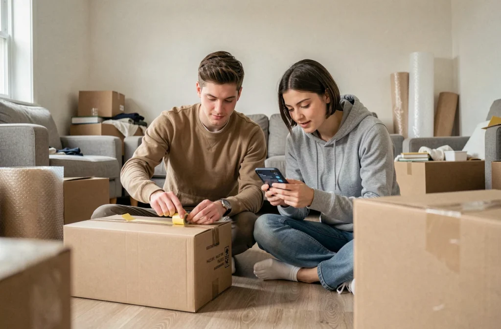 Couple préparant un déménagement avec des cartons gratuits récupérés via une communauté en ligne