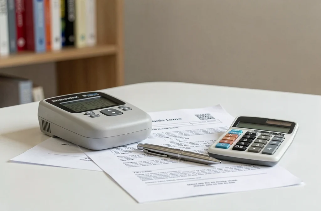 Détecteur d'humidité posé à côté d'un contrat de location et d'une calculatrice pour comparer les coûts