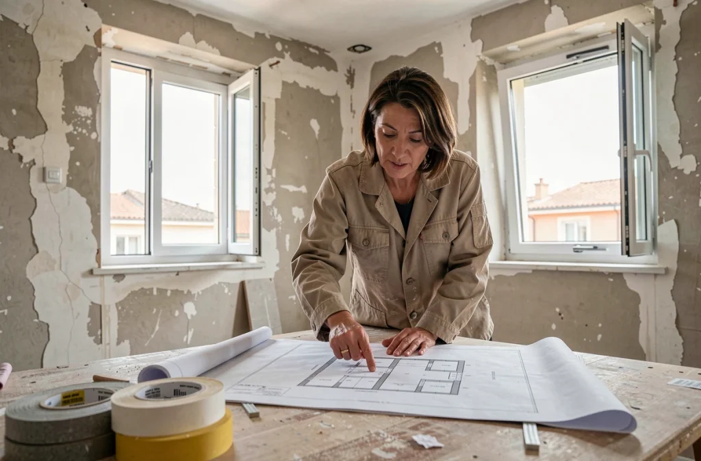 Spécialiste de Domo Fermetures consultant les plans de rénovation devant des fenêtres aluminium en cours de pose à Marseille