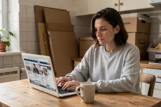 Femme cherchant des cartons gratuits sur internet via un site d'annonces en ligne depuis sa cuisine