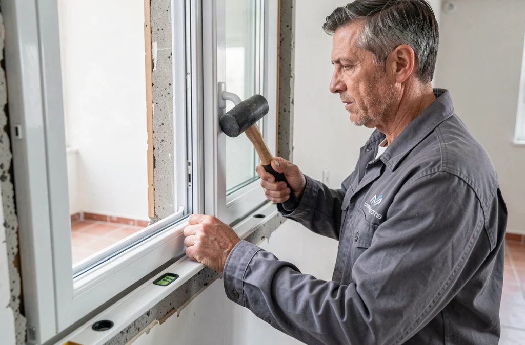 Technicien de Grand Sud Fenêtres posant une fenêtre PVC blanche dans un appartement marseillais