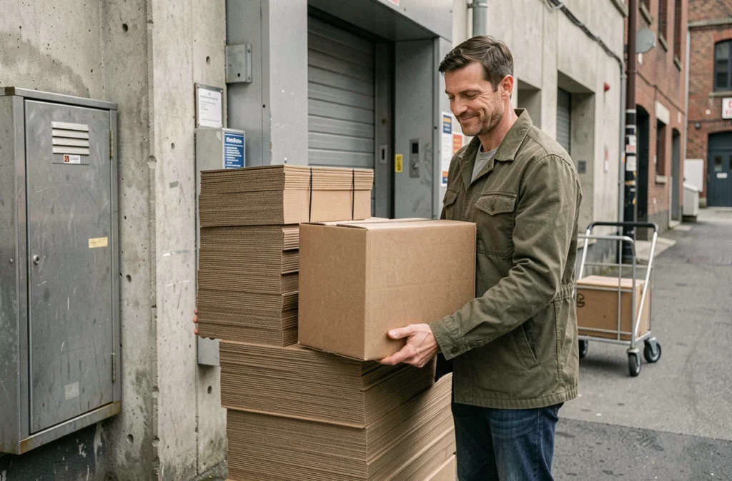 Homme récupérant des cartons gratuits derrière un supermarché après une annonce trouvée en ligne