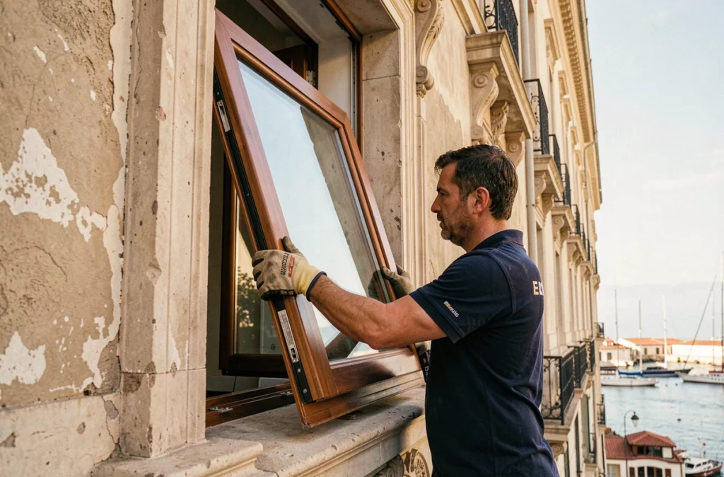 Poseur de la Maison des Menuiseries installant une fenêtre PVC effet bois dans un immeuble haussmannien du centre-ville de Marseille