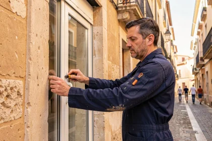 Poseur de fenêtres professionnel mesurant un cadre de fenêtre sur une façade en pierre ocre à Marseille