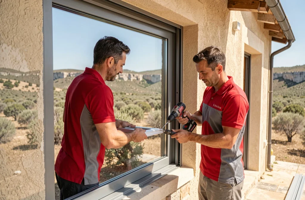 Deux poseurs de Pro-pose Sud installant une fenêtre aluminium coulissante sur une maison des Bouches-du-Rhône
