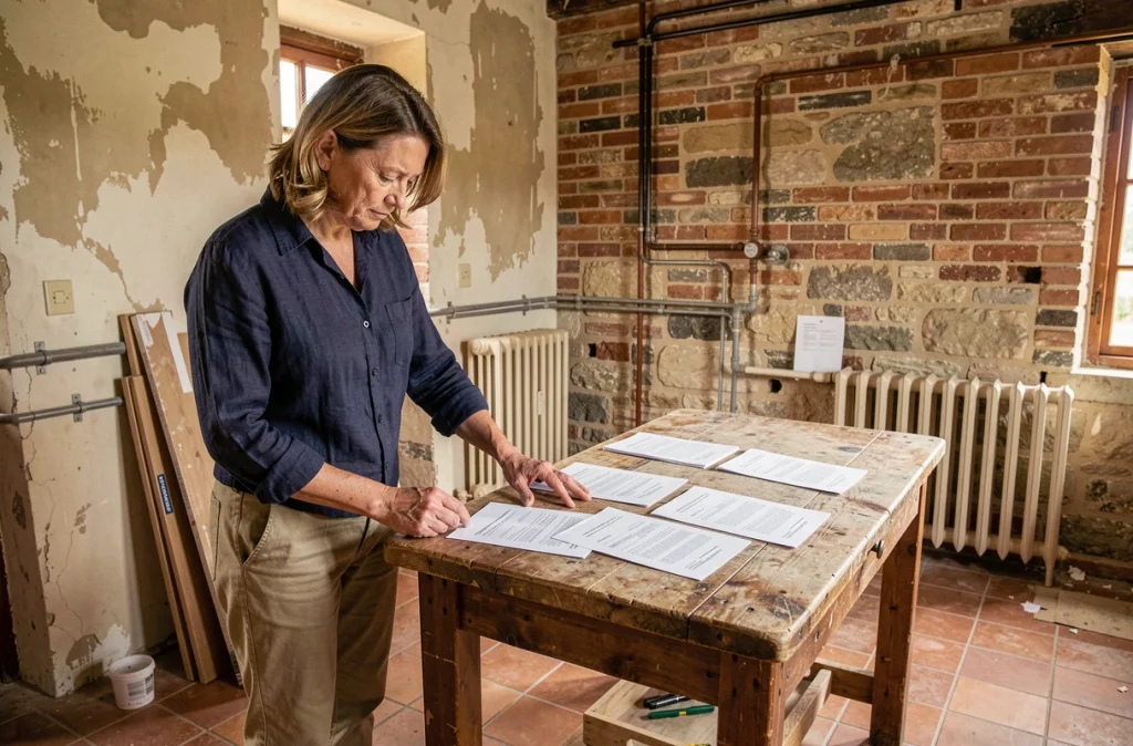 Propriétaire comparant des devis de rénovation dans la cuisine d'une maison ancienne en travaux