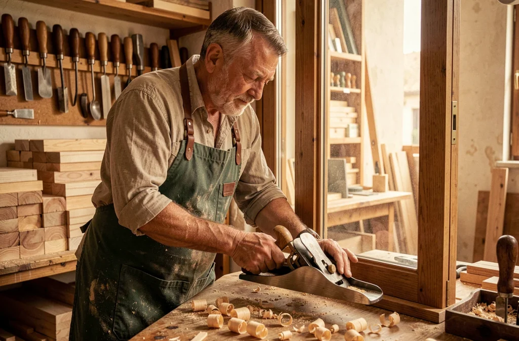 Artisan menuisier ébéniste Stephane Tchertchian rabot à la main sur un cadre de fenêtre en chêne dans son atelier