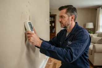 Technicien utilisant un détecteur d'humidité sur un mur intérieur lors d'un diagnostic immobilier