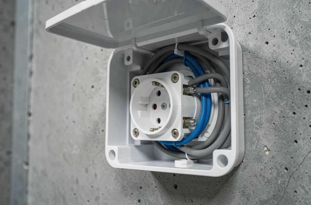 Gros plan sur une prise électrique encastrée dans une goulotte PVC ouverte avec câblage visible conforme aux normes électriques françaises