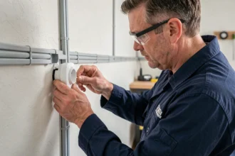 Électricien professionnel installant une prise électrique dans une goulotte murale blanche conforme à la norme NFC 15-100